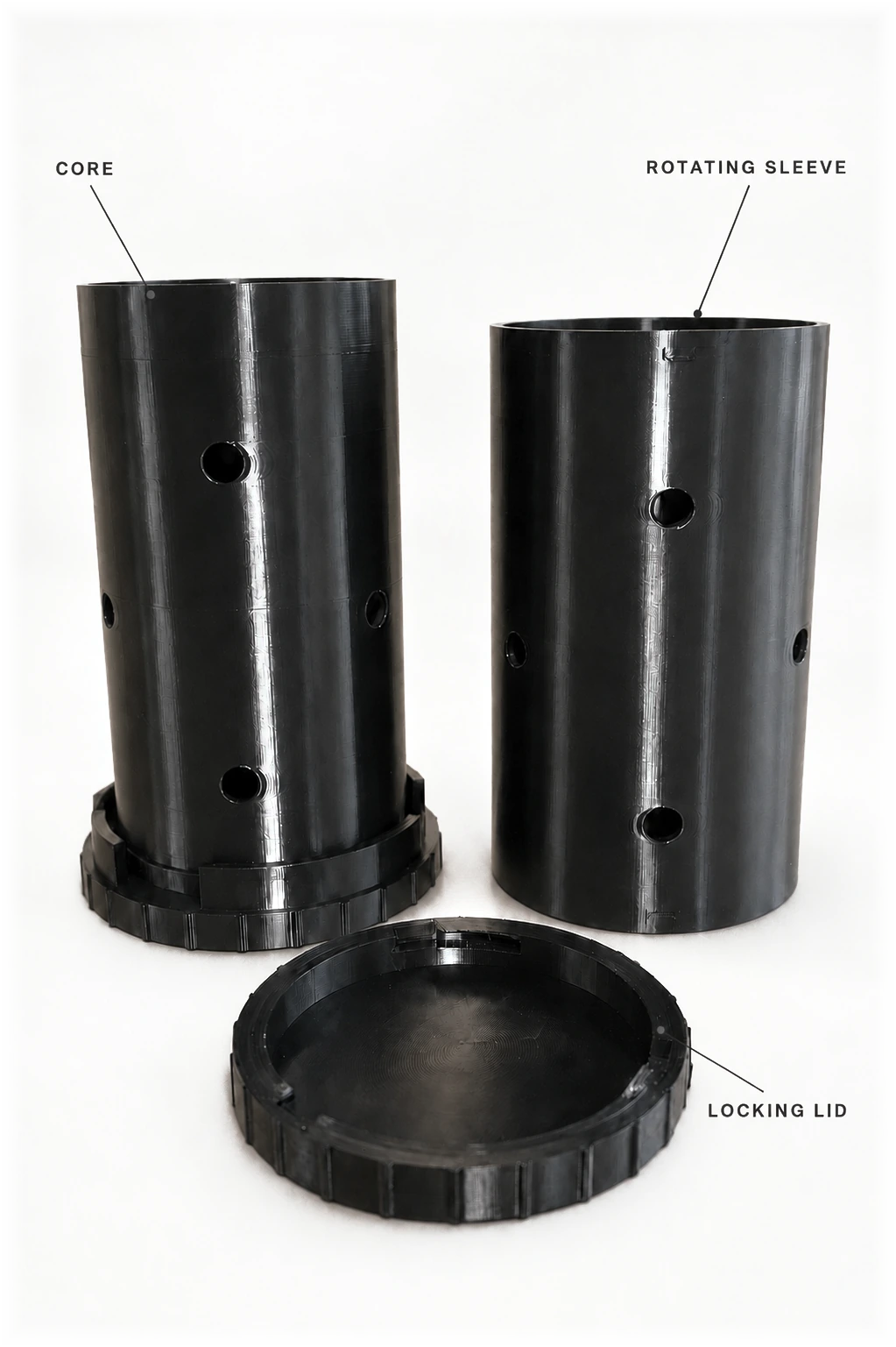 The three printed FlushLite parts on a counter, labelled: core, rotating sleeve and locking lid